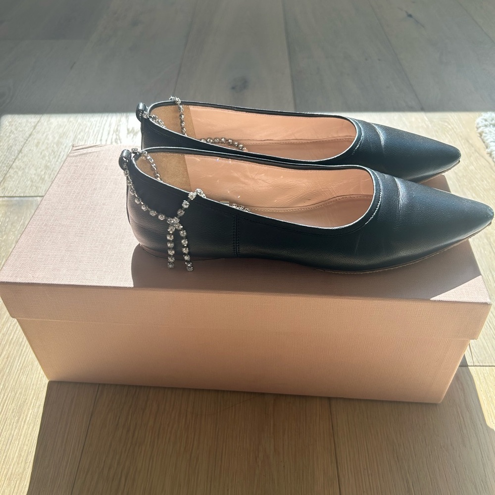 Miu Miu Black Pointed-Toe Flats with Crystal Heel Chains